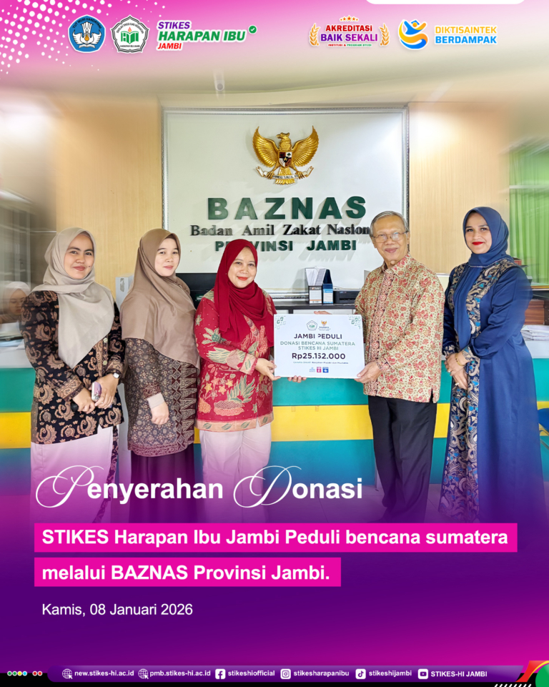 Donasi STIKES-HI PEDULI diserahkan Melalui BAZNAS Provinsi Jambi oleh Ketua STIKES-HI Jambi.
